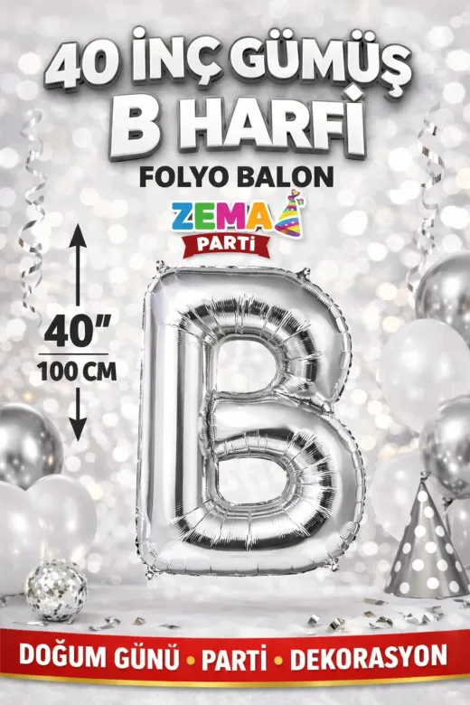Zema parti 40-GÜMÜŞ-HARF-B 40 İnç Gümüş B Harfi Folyo Balon – Doğum Günü Parti Dekorasyon Balonu