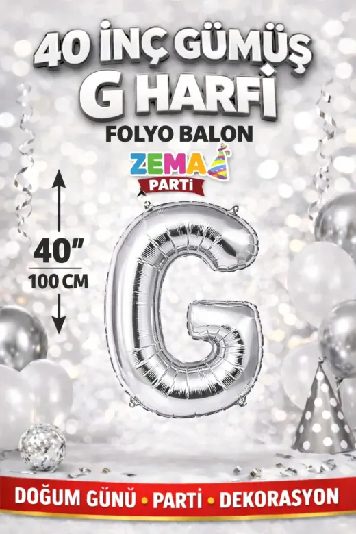 Zema parti 40-GÜMÜŞ-HARF-G 40 İnç Gümüş G Harfi Folyo Balon – Doğum Günü Parti Dekorasyon Balonu