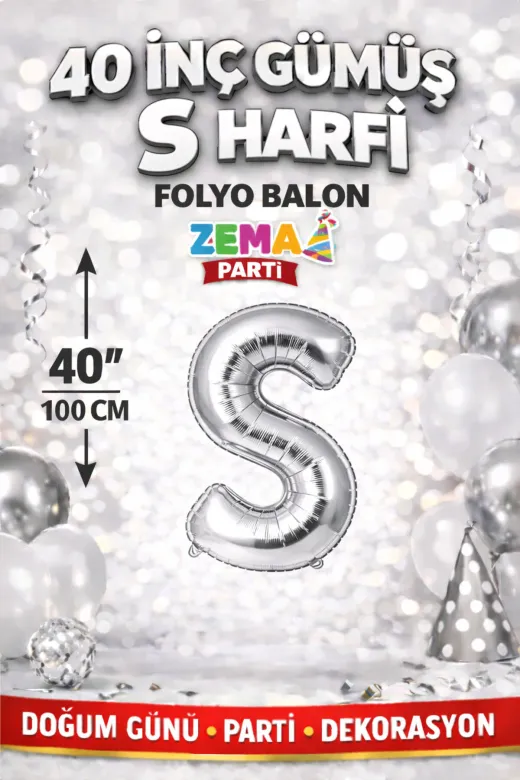 Zema parti 40-GÜMÜŞ-HARF-S 40 İnç Gümüş S Harfi Folyo Balon – Doğum Günü Parti Dekorasyon Balonu
