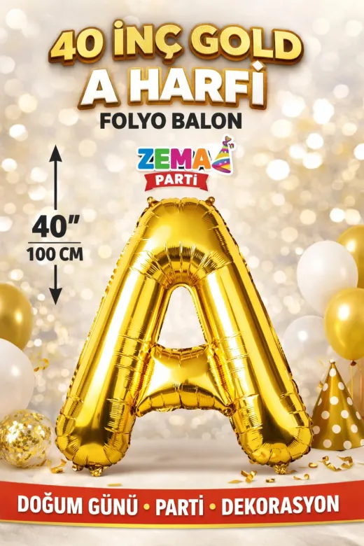 Zema parti 40inc-gold-A 40 İnç Gold A Harf Folyo Balon 100 Cm Doğum Günü Parti Dekorasyon Balonu