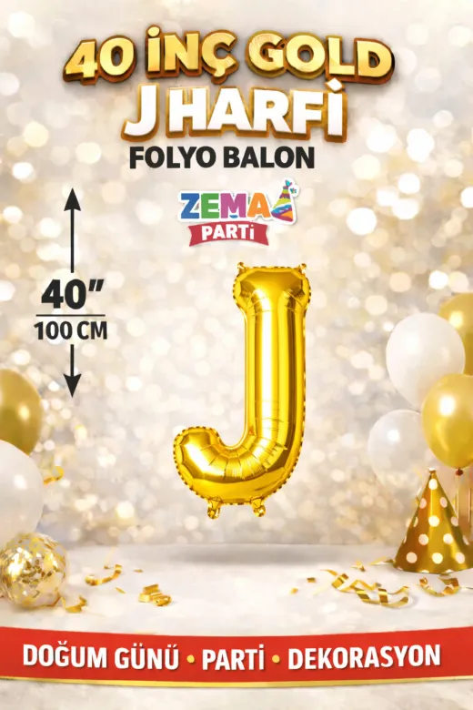 Zema parti 40inc-gold-J 40 İnç Gold J Harf Folyo Balon 100 Cm Doğum Günü Parti Dekorasyon Balonu