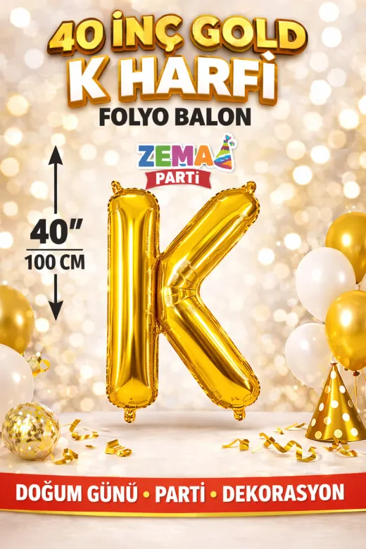 Zema parti 40inc-gold-K 40 İnç Gold K Harf Folyo Balon 100 Cm Doğum Günü Parti Dekorasyon Balonu