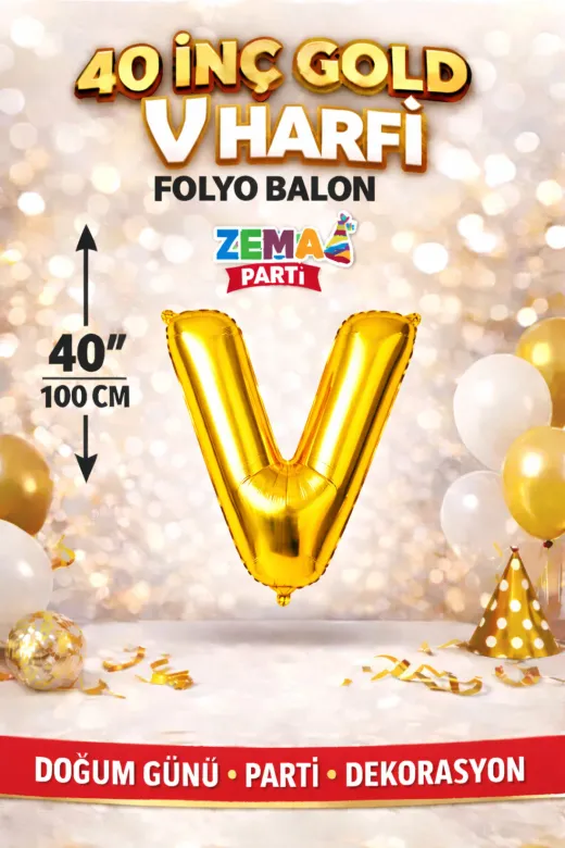 Zema parti 40inc-gold-V 40 İnç Gold V Harf Folyo Balon 100 Cm Doğum Günü Parti Dekorasyon Balonu