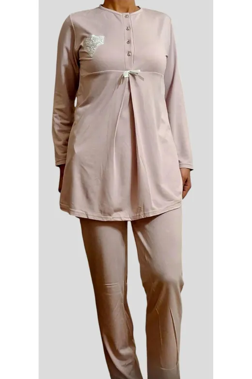 Zen 790 Erdeniz Yarım Düğmeli Hamile Pijama Takımı Kışlık Pudra