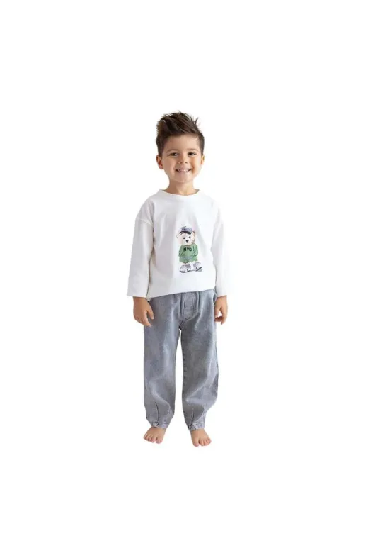 Zeyland QTEAE9AZDL-43 Erkek Bebek & Çocuk Baskılı T-Shirt & Jean Pantolon Takım-Yeşil