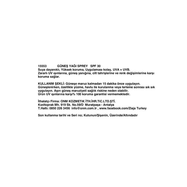 Ziaja 30Spf Güneş Losyonu Sprey 170 Ml