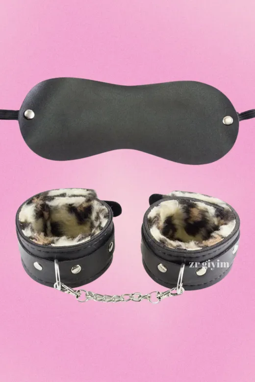 ZR Giyim zr-giyim-6012 Leoparlı Esaret Kelepçesi Ve Göz Bandı - Bdsm Seti - Erkek Kadın Fantezi Seti