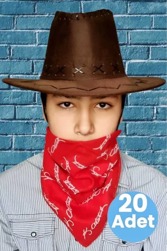 Çocuk Unisex Bandanalı 20'li Nubuk Kovboy Şapkası ( 8-14 Yaş )