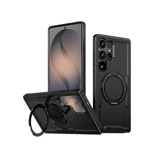 000-art 57855210132770780184975 Galaxy S26 Ultra İçin Kılıf 360 Döndürülebilir Yüzük Stantlı Manyetik S26 Ultra Koruyucu Karbon Fiber Detaylı S26 Ultra Kılıfı Siyah 50 X 22