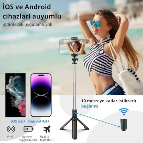 000-art 57855210133656480184975 Selfie Çubuğu Tripod 3 Ü 1 Arada Bluetooth Uzaktan Kumandalı Telefon Tutucu, 360 Döner Başlık, İos & Android Uyumlu, Vlog Youtube Tiktok Video Çekimi İçin Hafif Tripod Infomax 50 X 22