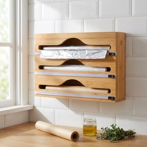 0neformehome 57855210126030580184975 3 Bölmeli Doğal Bambu Folyoluk Ve Streç Film Kesici Organizer - Sürgülü Bıçaklı Çekmece İçi Düzenleyici Pişirme Kağıdı Ve Alüminyum Folyo Standı Mutfak Organizeri 35,5 X 22 X 7 Cm 0