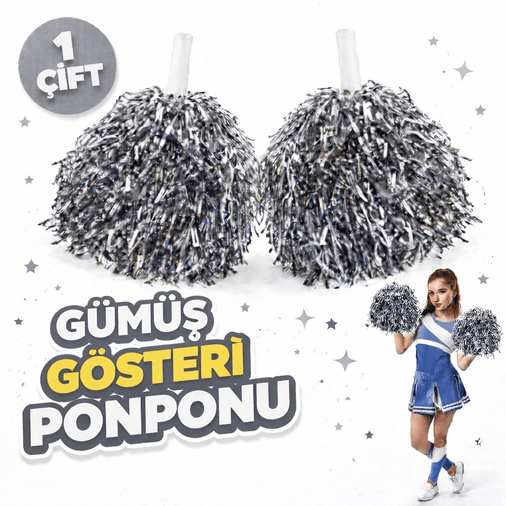 1 Çift ( 2 Adet ) Gümüş Renk 23 Nisan 19 Mayıs 29 Ekim Okul Gösteri Ponponları Ekstra Dolgun