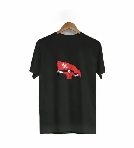 1 Mayıs Emek Ve Dayanışma Bayraklı Emekçi Baskılı Bisiklet Yaka T-shirt - Siyah - S - Siyah