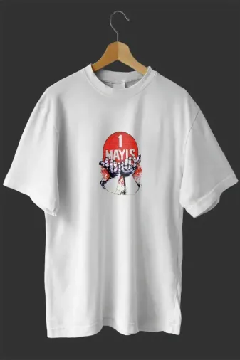 1 Mayıs Emek Ve Dayanışma Günü Baskılı Oversize Bisiklet Yaka T-shirt - Beyaz - XL - Beyaz