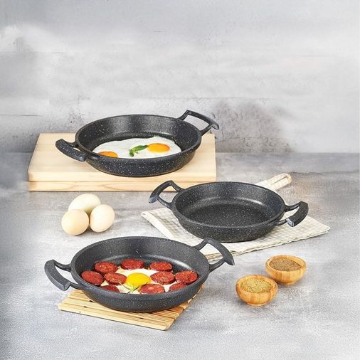 1 Toy 57855210129101880184975 3&apos Lü Döküm Sahan Seti, 3&apos Lü Yumurta, Omlet Tavası, 3 Boy Döküm Siyah Granit Sahan Tava 22Cm-20Cm-18Cm Açık Gri