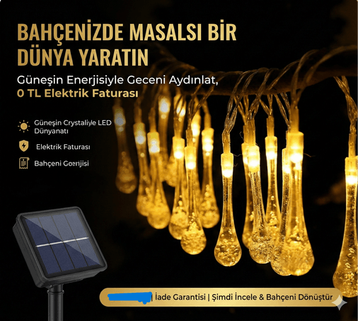 10 Led 2 Metre Sarı Kristal Su Damlası Güneş Enerjili Led Işık Solar Bahçe Ağaç Lamba Aydınlatması