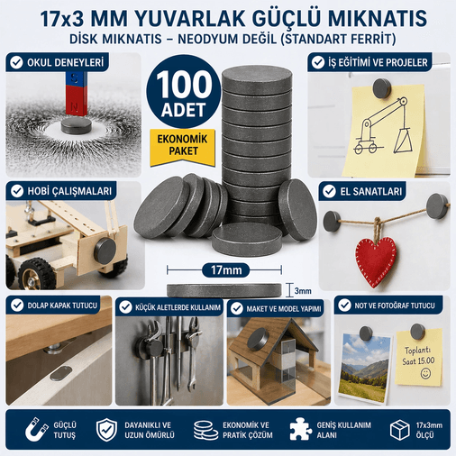 100 Adet Mıknatıs 17x3 Mm Yuvarlak Güçlü Mıknatıs Disk Mıknatıs