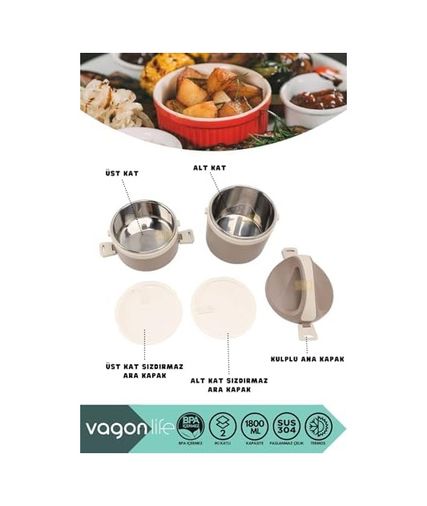 1000 Katalog 57855210126238180184975 1800Ml Lunchbox 2 Katlı 4-6 Saat Sıcak/soğuk Termos Özellikli Çelik Sefer Tası Yemek Kutusu Kahverengi Açık