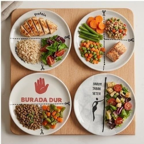 1000 Katalog 57855210131218480184975 4&apos Lü Seramik Tabak Seti, Porsiyon Kontrol Tasarımlı, Protein Ve Sebze Bölmeli, Diyet Dostu Açık