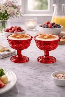 1001 Ambalaj 57855210131214880184975 2&apos Li Ayaklı Kırmızı Göz Desenli Cam Tatlı Kasesi - Dondurma, Magnolia Sunum Kadehi Açık Bej