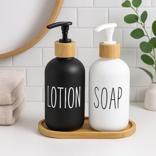 1001 Çiftliği 57855210123878080184975 2 Li Cam Sıvı Sabunluk Ve Losyonluk Seti 500 Ml Siyah & Beyaz Boyalı Cam Bambu Kapak Ve Ahşap Altlıklı Banyo Seti Şık Ve Dayanıklı Tasarım 000 Açık Krem