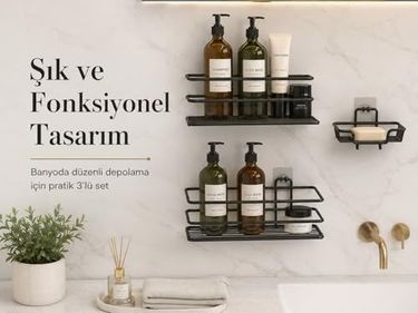 1001 Çiftliği 57855210124114380184975 Siyah 3 Lü Yapışkanlı Banyo Seti, 2 Raf Ve 1 Kancalı Sabunluk, Duvar Tipi Şampuanlık Ve Banyo Organizer, Delmeden Kolay Montajlı Banyo Raf Seti 000 Açık Krem