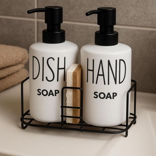 1001 Çiftliği 57855210124181280184975 Metal Standlı Çiftli Seramik Sıvı Sabunluk Dish & Hand Soap Yazılı 000 Açık Krem