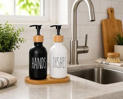 1001 Çiftliği 57855210124235480184975 2 Li Hands & Dishes Siyah Beyaz Cam Sabunluk Seti Modern Minimalist Tasarım, 500 Ml Kapasiteli, Bambu Standlı Dekoratif Mutfak & Banyo Sıvı Sabunluk Dispenser Seti 000 Açık Krem