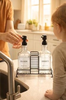 1001 Çiftliği 57855210124241080184975 2 Li Stantlı Siyah Sıvı Sabunluk Deterjanlık Seti Mutfak Evye Banyo Lavabo Tezgah Üstü Pompalı Dispenser Şık Minimal Düzenleyici 000 Açık Krem