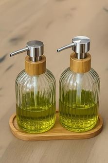 1001 Çiftliği 57855210124298180184975 Zbern 2 Li Cam Sıvı Sabunluk Seti Füme Renk, 300 Ml Şeffaf Cam Gövde, Doğal Bambu Başlık Ve Stand Modern Pompalı Dispenser Banyo, Mutfak Ve Lavabo Üstü Kullanım İçin Uygun 000 Açık Krem