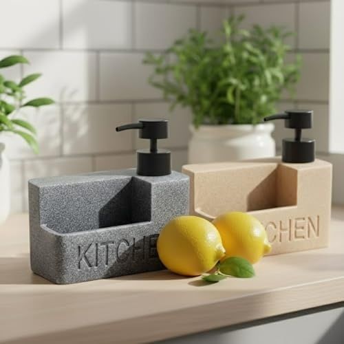 1001 Çiftliği 57855210124322480184975 Mermer Desenli Polyresin Sıvı Sabunluk Entegre Sünger Bölmeli Modern, Şık Ve Dayanıklı Mutfak Organizeri Antrasit 000 Açık Krem