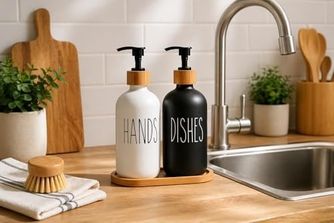 1001 Çiftliği 57855210124353680184975 2 Li Hands Dishes Siyah Beyaz Cam Sıvı Sabunluk Seti 500 Ml, Bambu Standlı Dekoratif Mutfak & Banyo Sabunluk Dispenser Seti Şık Modern Tasarım 000 Açık Krem