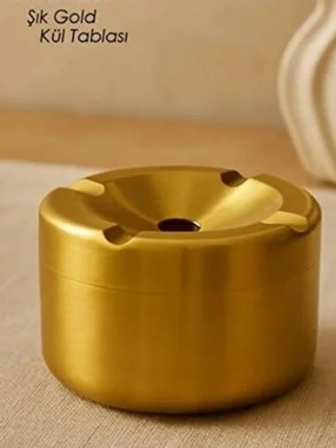 1001 Fırça 57855210124471380184975 Gold Kapaklı Kokusuz Paslanmaz Metal Küllük Modern Ve Şık Tasarım 50 X 22