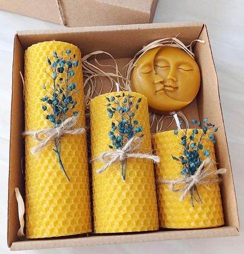 1001Hediye 57855210124952680184975 Dekoratif Doğal Petek Balmumu Mum Ay Ve Güneş Seti Bal Mumu Mum Hediyelik Beeswax Candle 000 Açık Krem