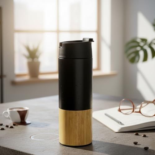 1001Hediye 57855210125327980184975 450 Ml Bambu Kaplamalı Çelik Termos - Sıcak Ve Soğuk Tutucu Sızdırmaz Mat Siyah Kahve Termosu Açık Beyaz