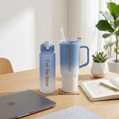 1001Hediye 57855210125803380184975 2 Li Matara Ve Pipetli Mug Bardak Seti 900 Ml Spor Suluk + 1500 Ml Pipetli Termal Mug Bardak, Günlük Kullanım İçin İçecek Seti Açık Beyaz