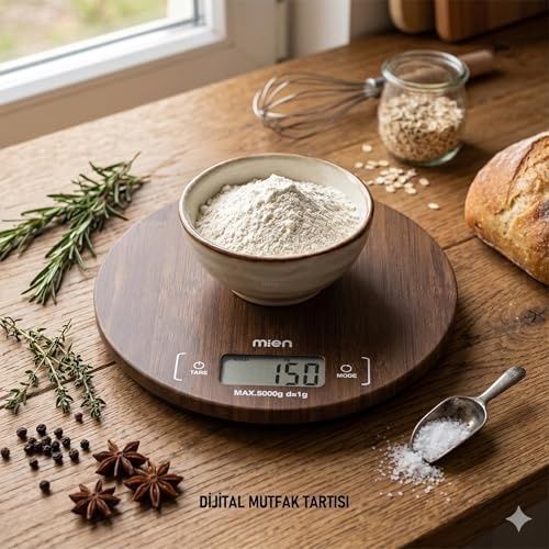 1001Hediye 57855210127258080184975 Doğal Akasya Ahşap Dijital Mutfak Terazisi, 5 Kg Kapasiteli Hassas Yemek Ve Kahve Tartısı, Minimalist Tasarım Yuvarlak Açık Bej