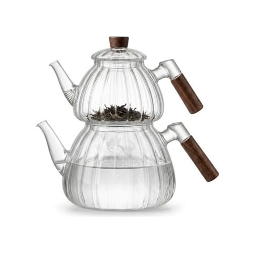 101 Copenhagen 57855210131431080184975 Akasya Cam Çaydanlık Takımı 1500 Ml + 600 Ml - Ahşap Kulplu, Çizgili Tasarım Isıya Dayanıklı Borosilikat Şeffaf Çaydanlık 1