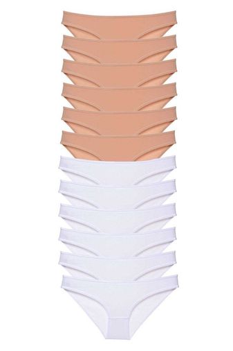12 adet Süper Eko Set Likralı Kadın Slip Külot Ten Beyaz