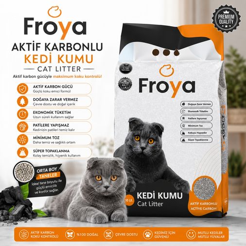 127678060 Froya Aktif Karbonlu Kedi Kumu 10 Lt Orta Taneli Topaklanan Kokusuz Doğal Kedi Kumu