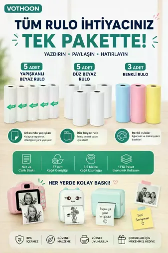 13’lü Mini Yazıcı Termal Rulo Seti Çocuk Kamera Baskı Kağıdı 5 Yapışkanlı 5 Düz Beyaz 3 Renkli