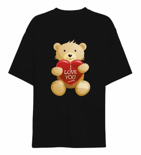 14 Şubat Sevgililer Günü I Love You Ayı Baskılı Oversize Bisiklet Yaka T-shirt - Siyah - XL - Siyah