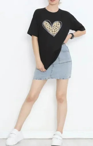 14 Şubat Sevgililer Günü Leopar Kalp Baskılı Oversize Bisiklet Yaka T-shirt - Siyah - M - Siyah