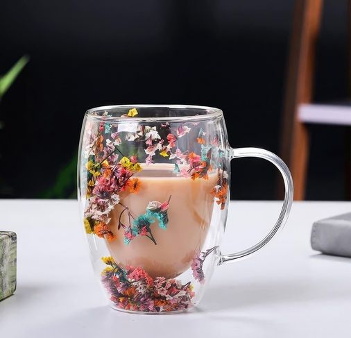 1923 As Kurukahvecisi 57855210131173880184975 Çift Cidarlı Borosilikat Cam, Renkli Kuru Çiçek Tasarımlı, 350 Ml Kapasiteli, Kulplu, Şeffaf Kahve Kupası Aeropress