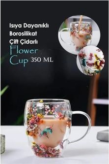 1923 As Kurukahvecisi 57855210131209280184975 350 Ml Isıya Dayanıklı Borosilikat Çift Çidarlı Flower Cup Bardak Çiçekli Kahve Sunum Bardağı Aeropress