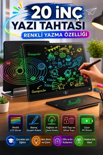 20 Inc Renkli Lcd Grafik Dijital Kalemli Çizim Tableti Yazı Tahta Not Yazma Eğitim Tableti Siyah