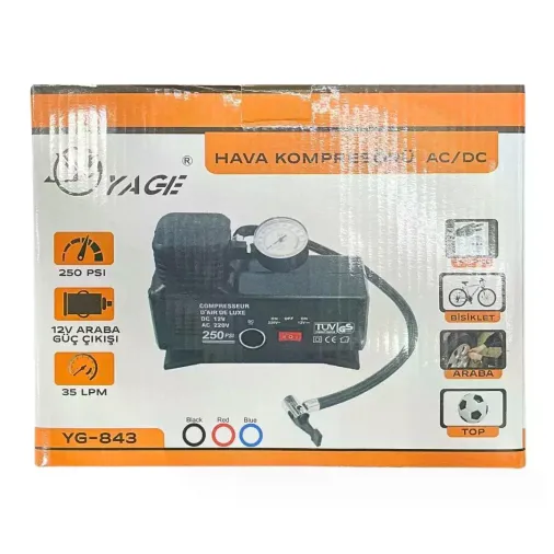 220 Volt-12 Volt 250 Psi Kompresör Lastik Hava Şişirme Oto Pompası Fişli Ve Çakmaklı Yage-843 (4745)