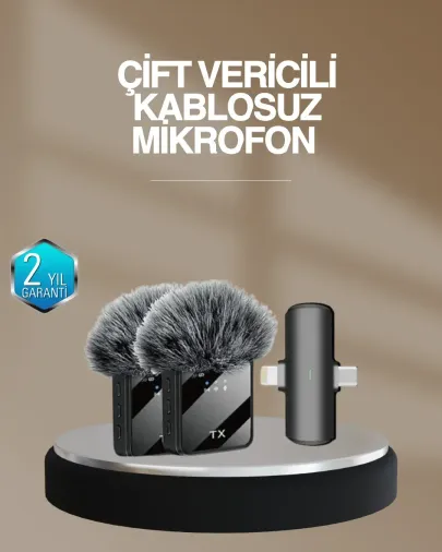 2’li Kablosuz Yaka krofonu Type-C ve Lightning Uyumlu Profesyonel Set