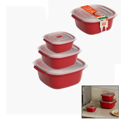 3 PCS KIRMIZI KARE SAKLAMA KABI SET 550-1100-2200ML (4745)