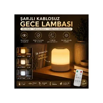 3 Renkli Şarjlı Gece Lambası Kumandalı Kablosuz Masa Lambası